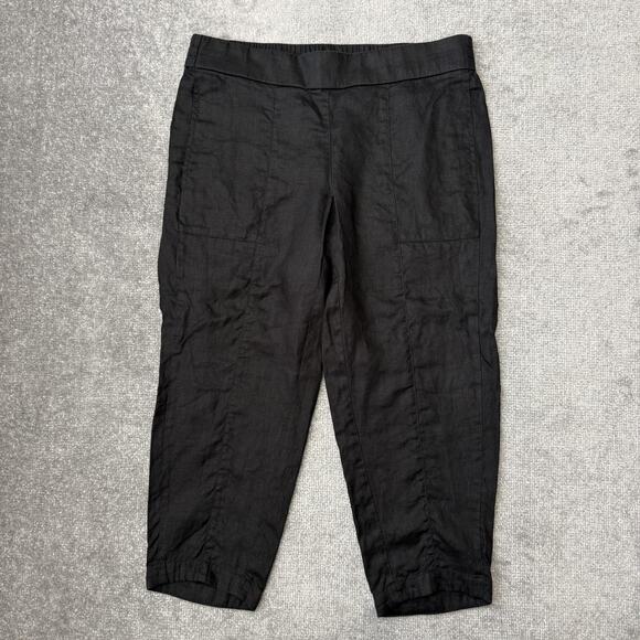 Eileen Fisher Pants Womens Petite Medium Black Organic Linen Cropped Pull On - Picture 1 of 11